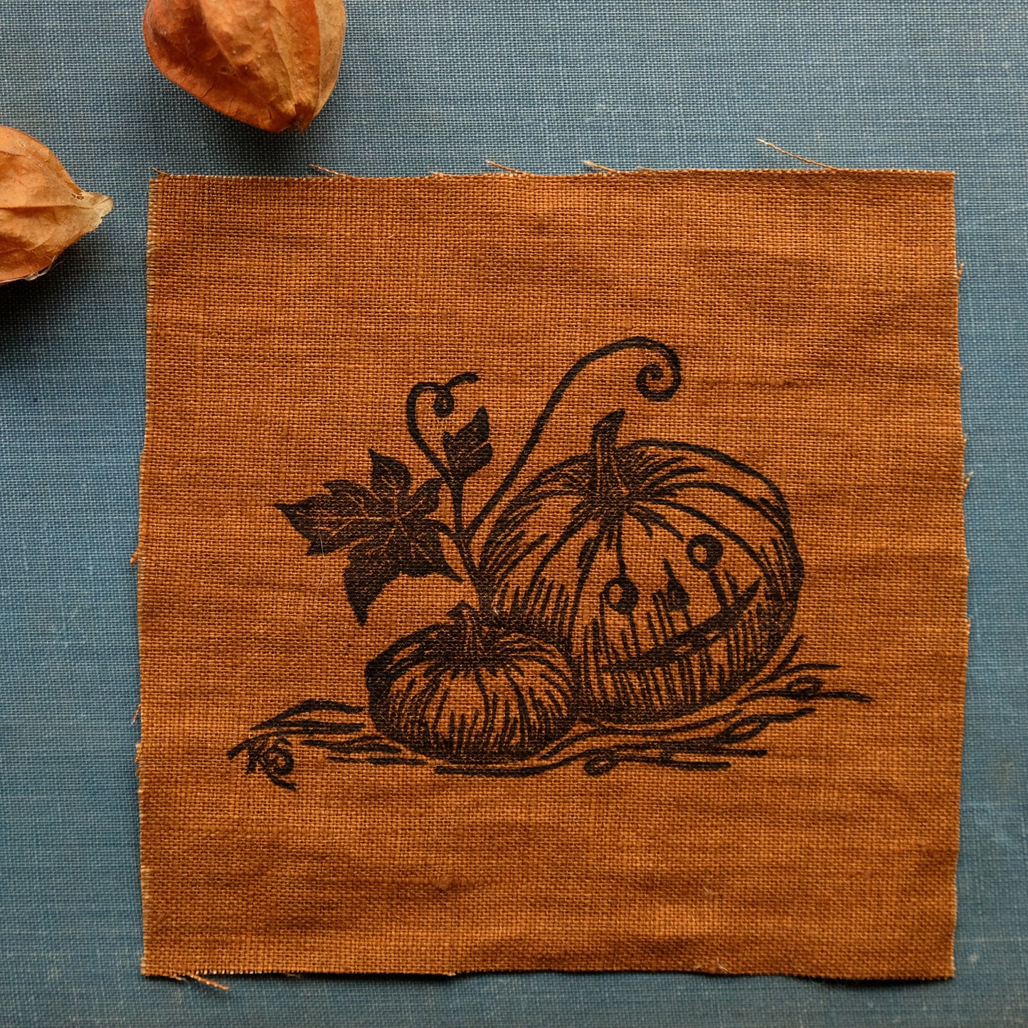 Halloween Pumpkin Patch - Lino Printed Linen Fabric Patch