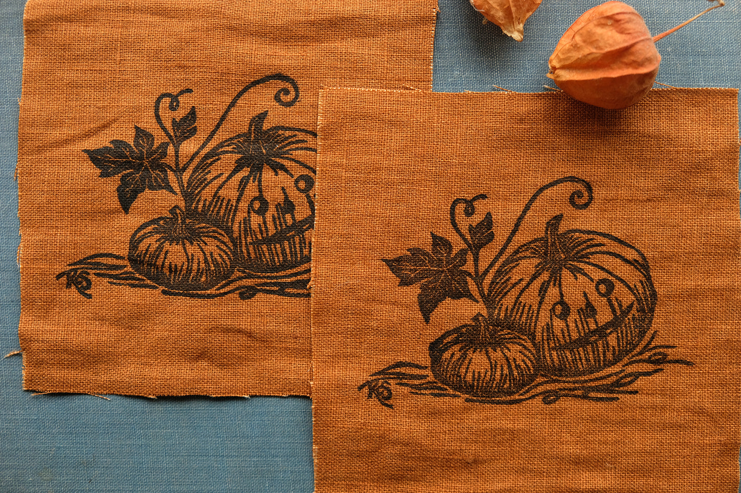 Halloween Pumpkin Patch - Lino Printed Linen Fabric Patch