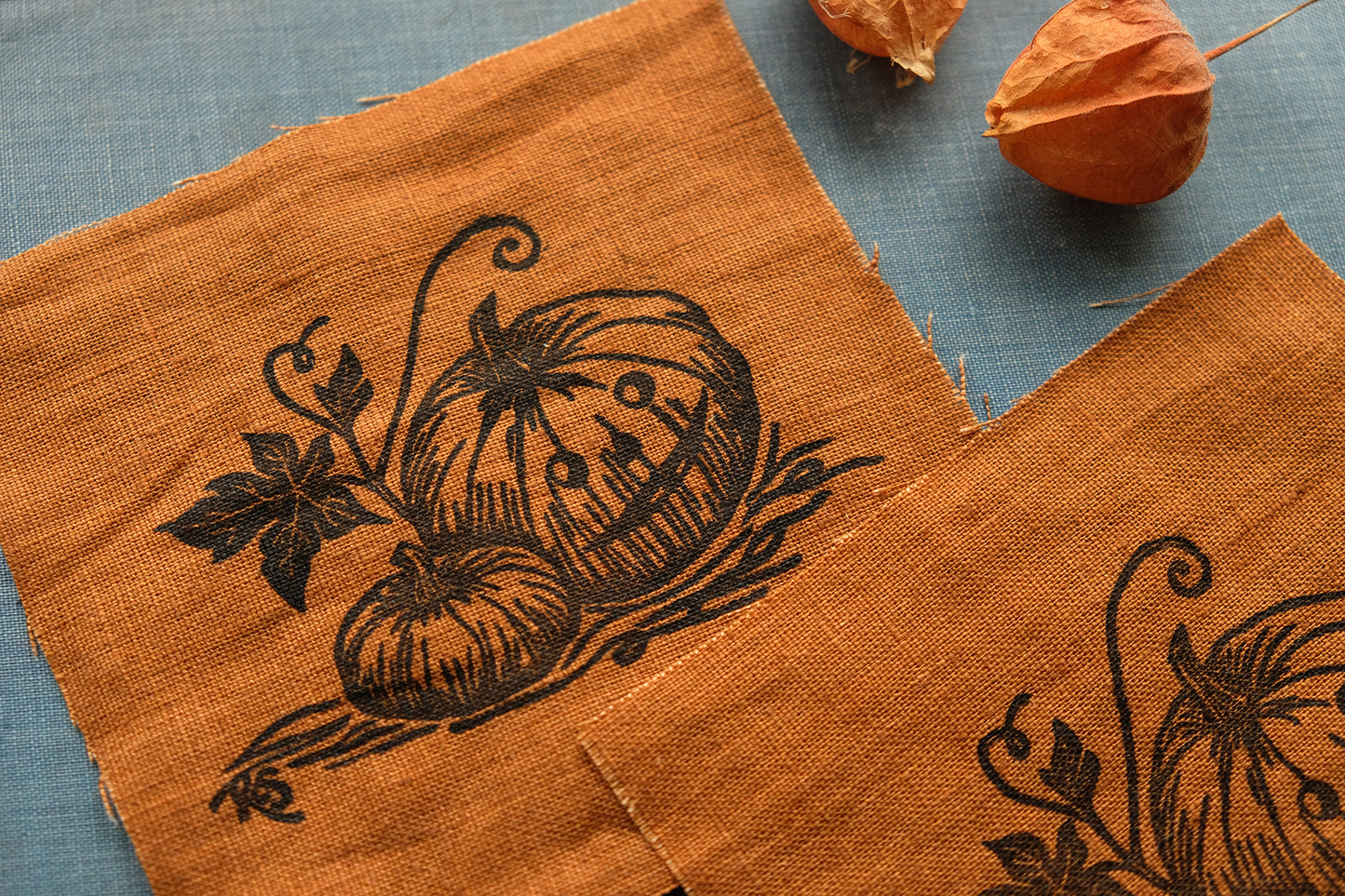 Halloween Pumpkin Patch - Lino Printed Linen Fabric Patch