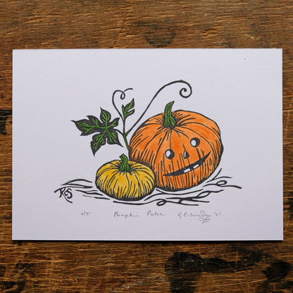 Halloween Pumpkin Postcard Print - Hand Painted Linocut