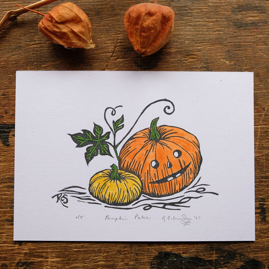 Halloween Pumpkin Postcard Print - Hand Painted Linocut