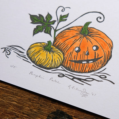 Halloween Pumpkin Postcard Print - Hand Painted Linocut