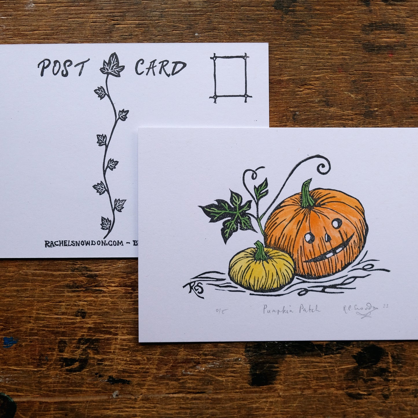 Halloween Pumpkin Postcard Print - Hand Painted Linocut