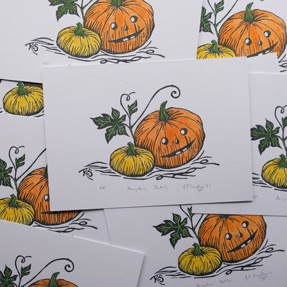 Halloween Pumpkin Postcard Print - Hand Painted Linocut