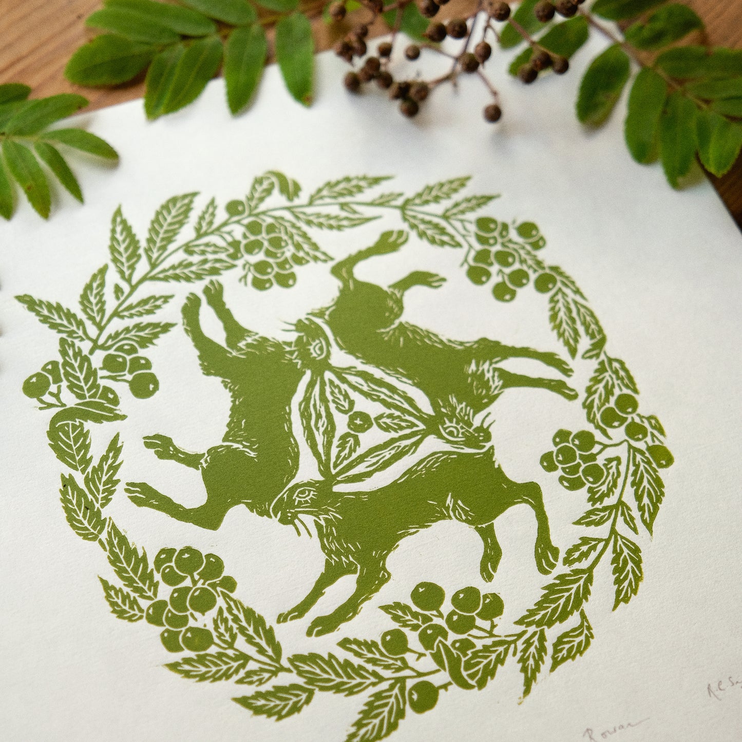 Tinners' Hares and Rowan in Green - Lino Print