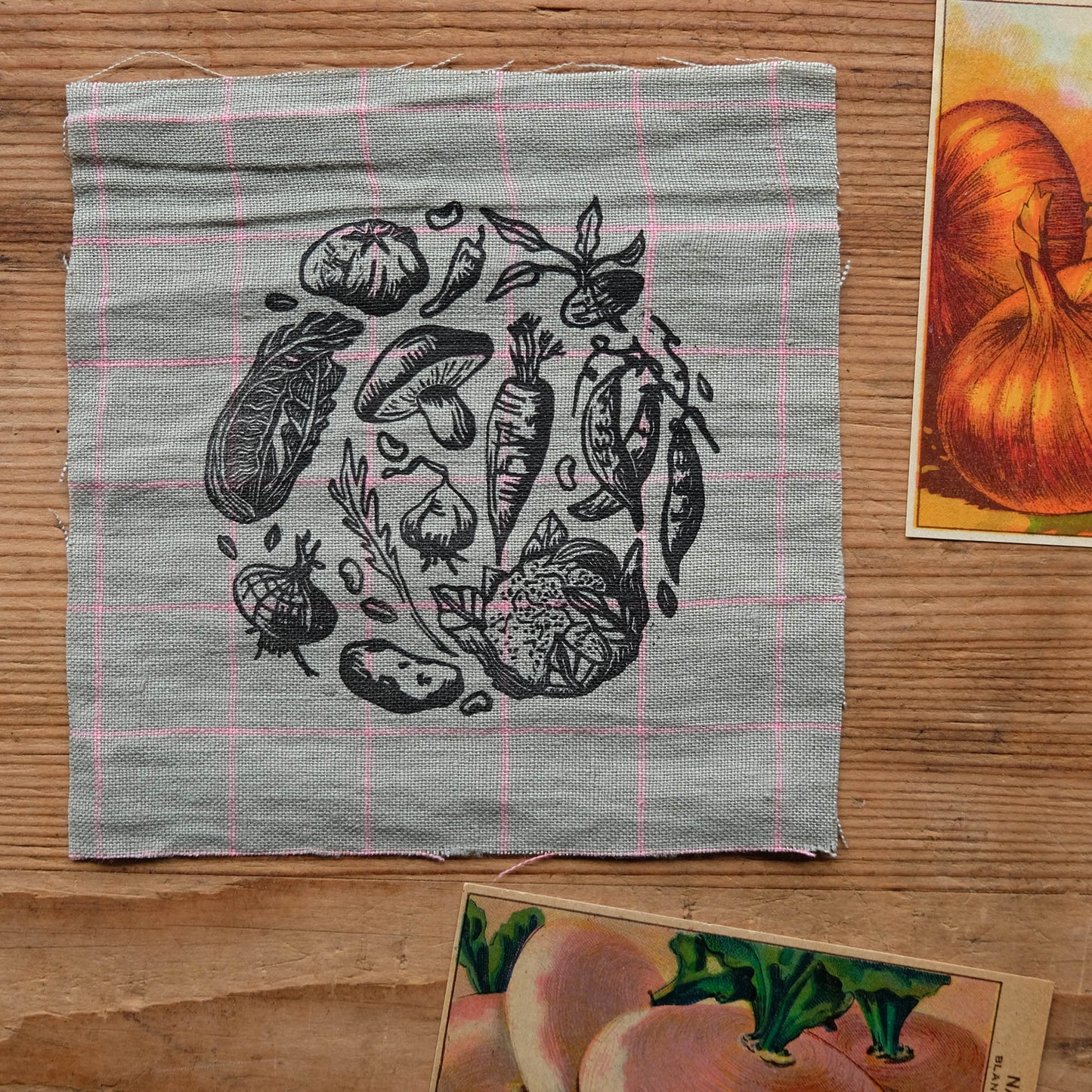 Vegetable Patch - Lino Printed Linen Fabric Patch