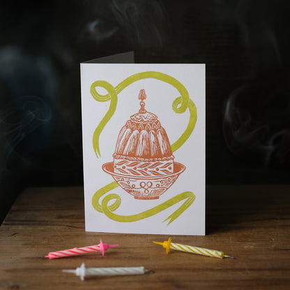 Victorian Birthday Cake - Handmade Lino Print Greetings Card