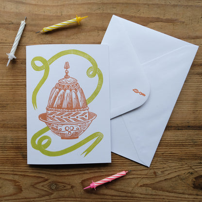 Victorian Birthday Cake - Handmade Lino Print Greetings Card