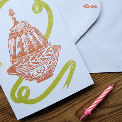 Victorian Birthday Cake - Handmade Lino Print Greetings Card