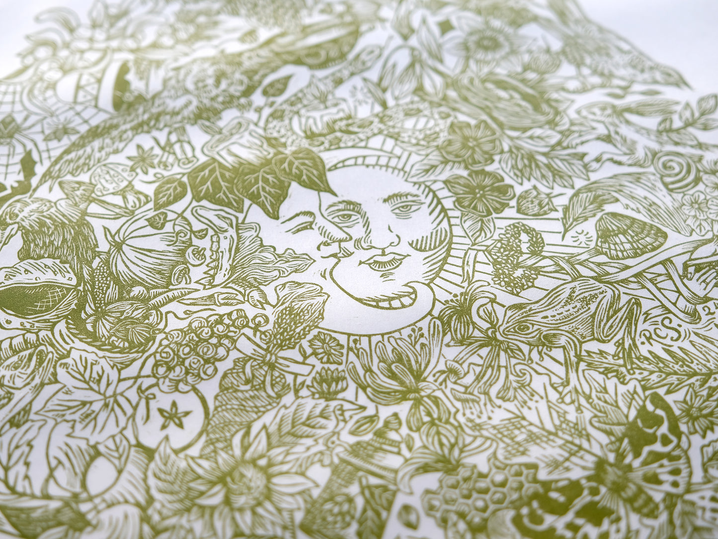 The Wheel Of The Year - Moss Green - Pagan and Nature Lino Print