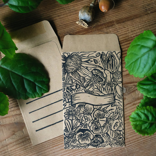 In Bloom - 6 x Lino Printed Floral Seed Savers or Gift Pouches