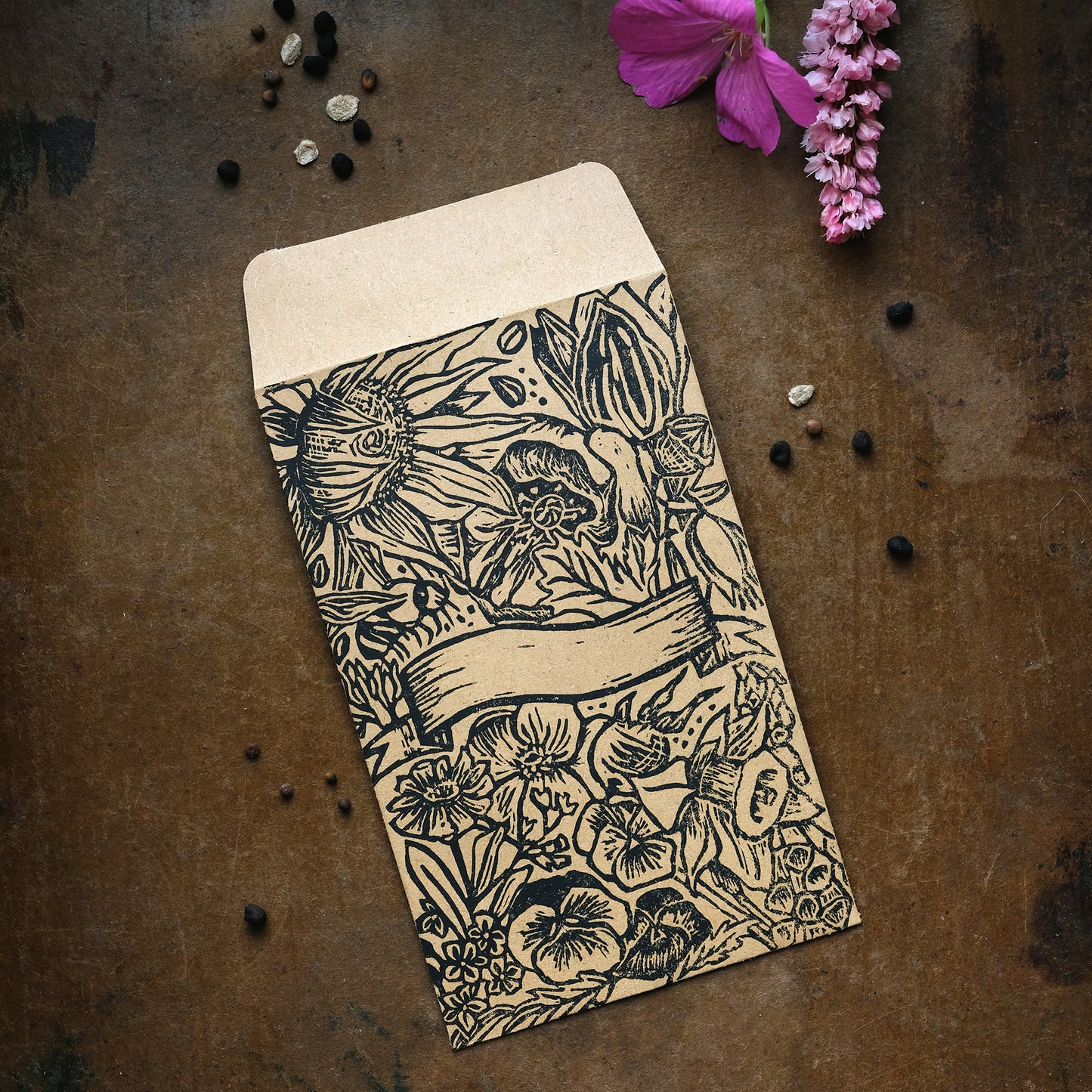 In Bloom - 6 x Lino Printed Floral Seed Savers or Gift Pouches